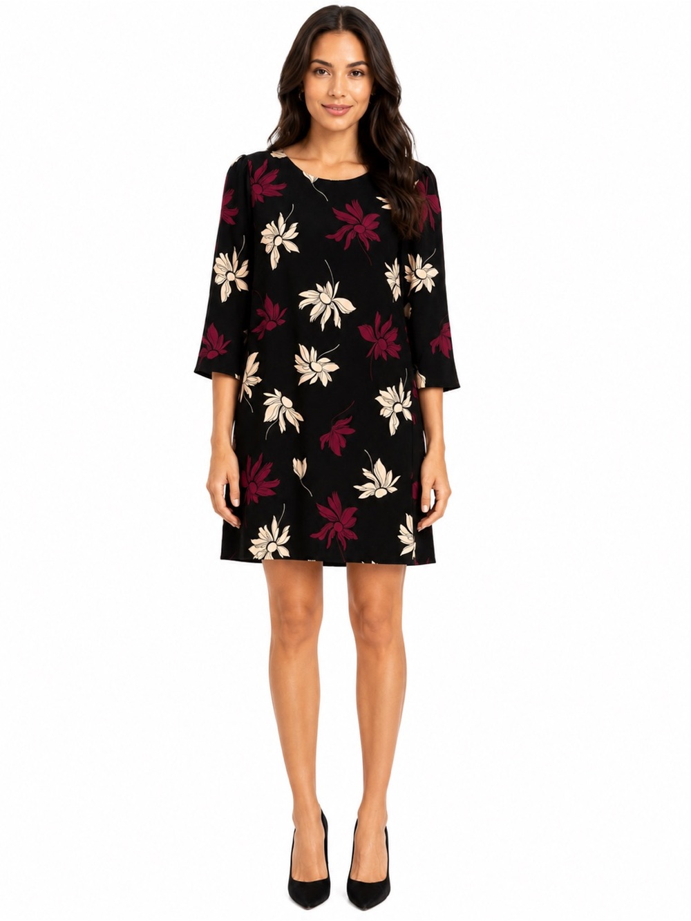 Ann Taylor Black Floral Shift Dress with Burgundy & Cream Blooms Size 4P
